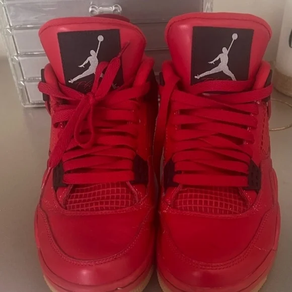 USED Jordan Red Athletic Shoes with Iconic Design **NO BOX** Air Jordan 5 Retro Reds Size 10: Pair of hot-red... | Depop main image 4